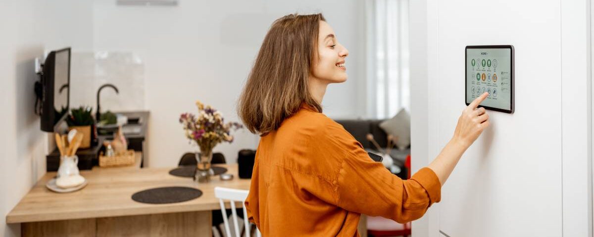 A smiling woman in an orange blouse is tapping the screen of her smart home panel on a white wall.