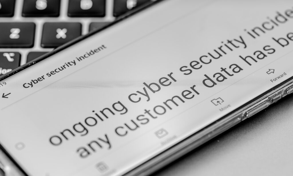 A close-up of a touch-screen phone on top of a keyboard. The screen says "ongoing cybersecurity threats," with the words cut off.