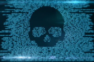 Word cloud art using all blue coding text on a dark blue background to make the image of a skull.