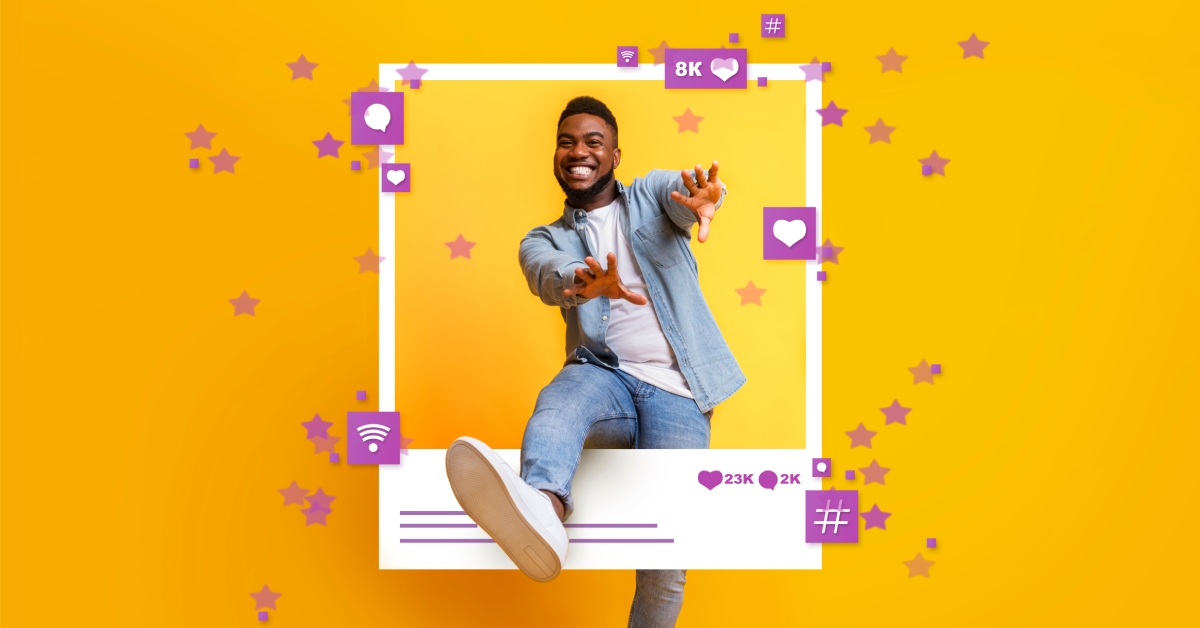 A casually dressed man stepping out of the frame of a social media post in front of a yellow background.