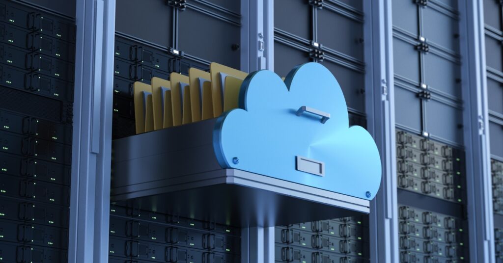 A server room with an open filing drawer. There are five yellow folders in it, and the drawer's front is shaped like a cloud.